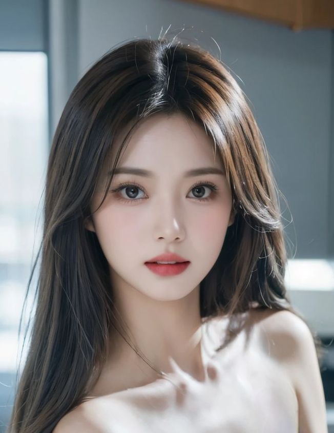 Woman with long dark hair and exposed shoulders in soft lighting
