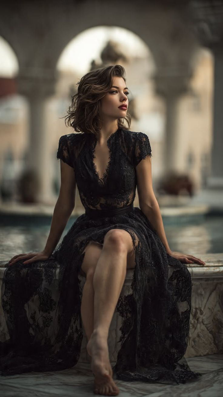 Woman in a black lace dress sitting barefoot outdoors