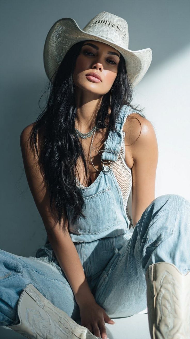 Woman in a cowboy hat and denim overalls with a mesh top, sitting indoors