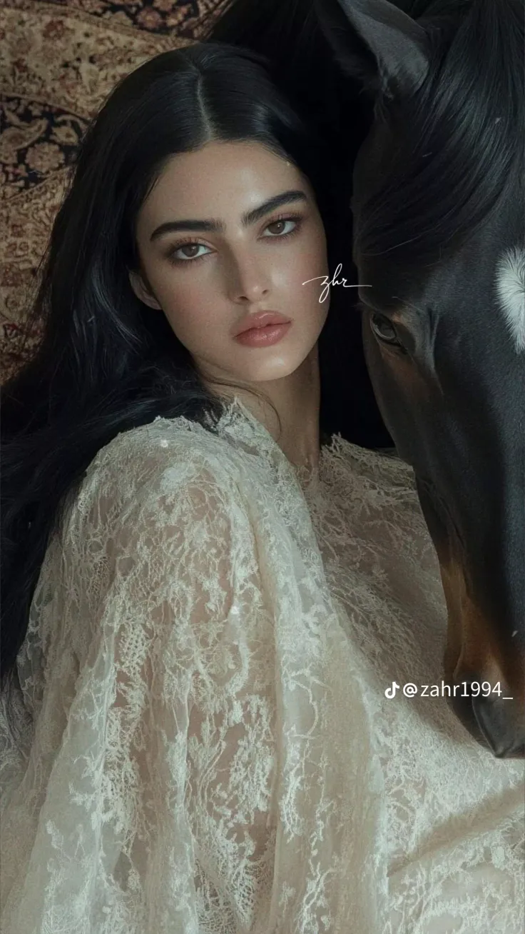Woman with long dark hair in a lace dress next to a horse