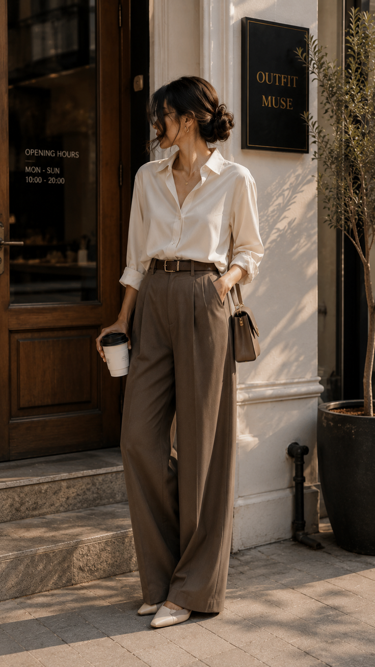 Woman in a white shirt and wide leg pants holding a coffee cup outdoors
