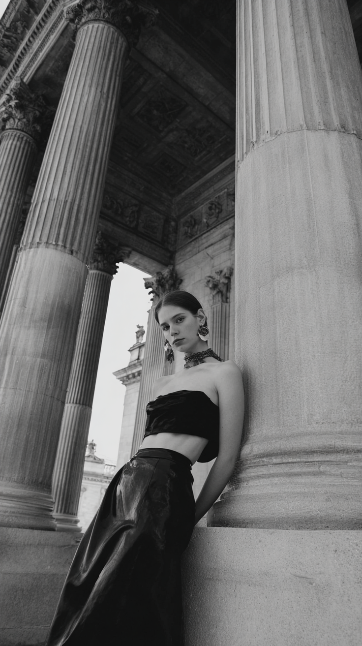 Woman in a strapless top and long skirt posing by architectural columns