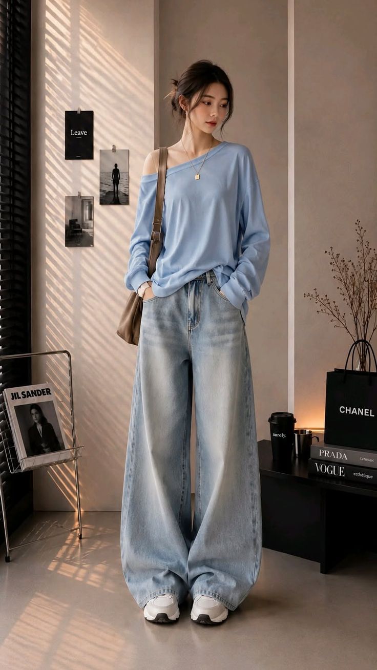 Woman in a light blue off-shoulder top and loose jeans indoors