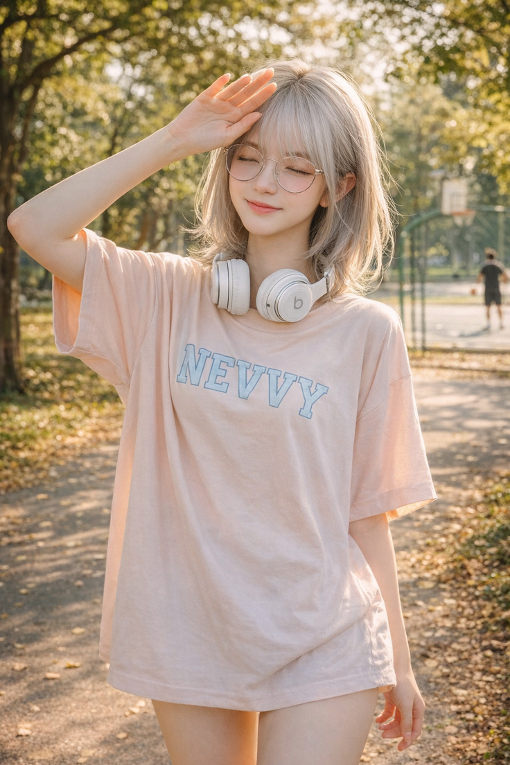 Woman with blonde hair and glasses wearing an oversized t-shirt outdoors