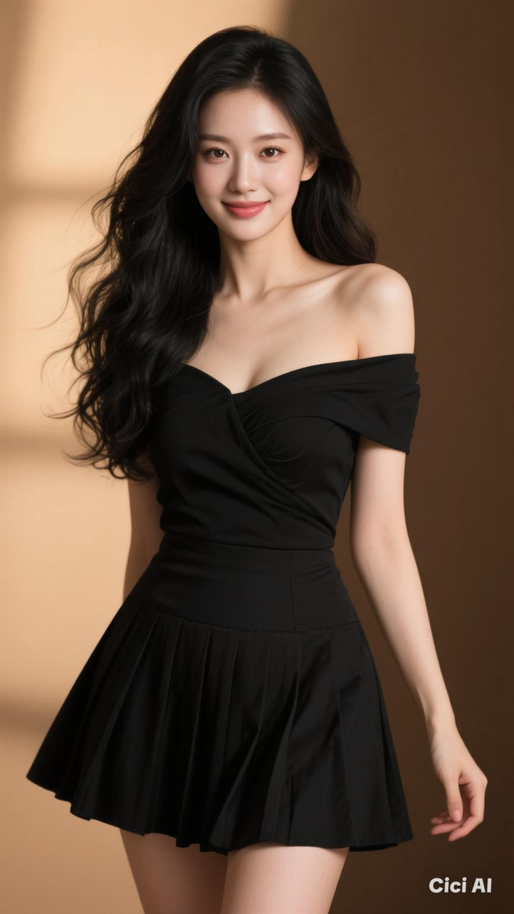 Woman in a black off-shoulder dress with long hair and soft lighting