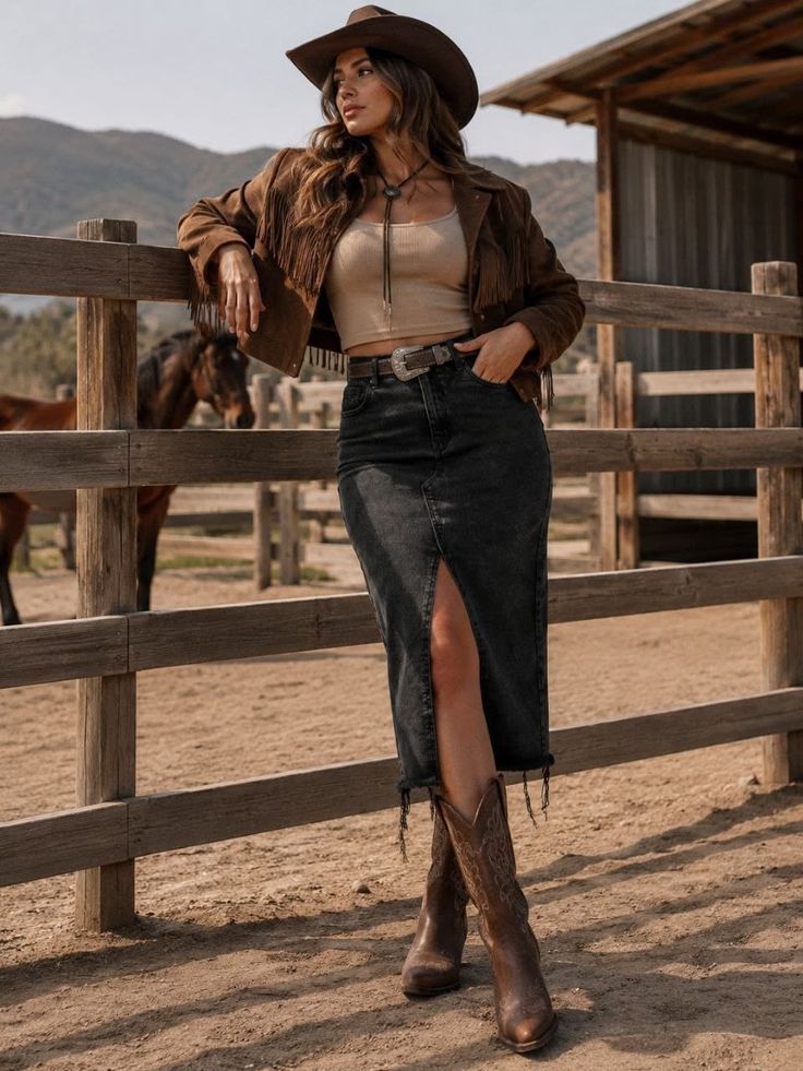 Woman in a cowboy hat and fringe jacket leaning on a fence at a ranch