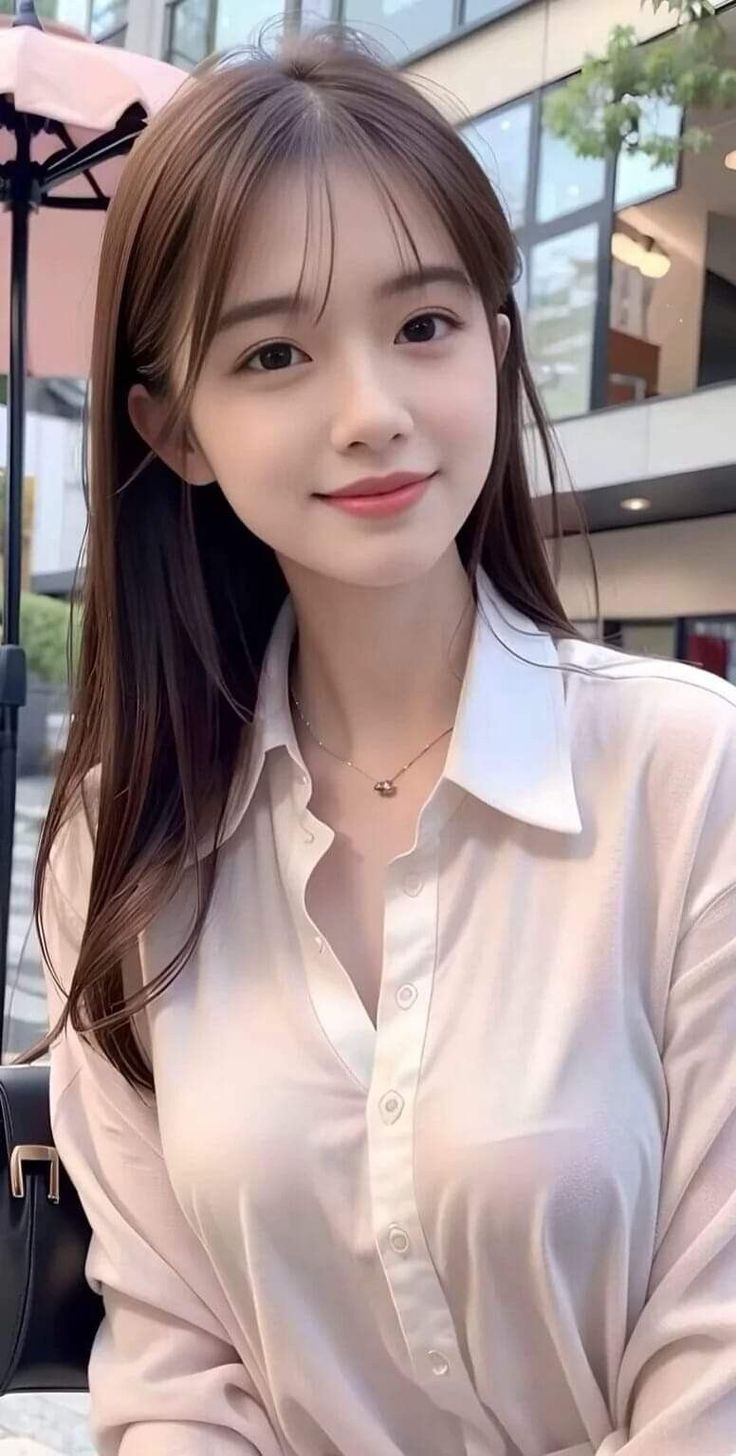 Woman with long hair wearing a white shirt and necklace outdoors