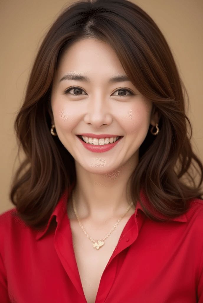 Woman with long brown hair wearing a red shirt and gold jewelry, smiling