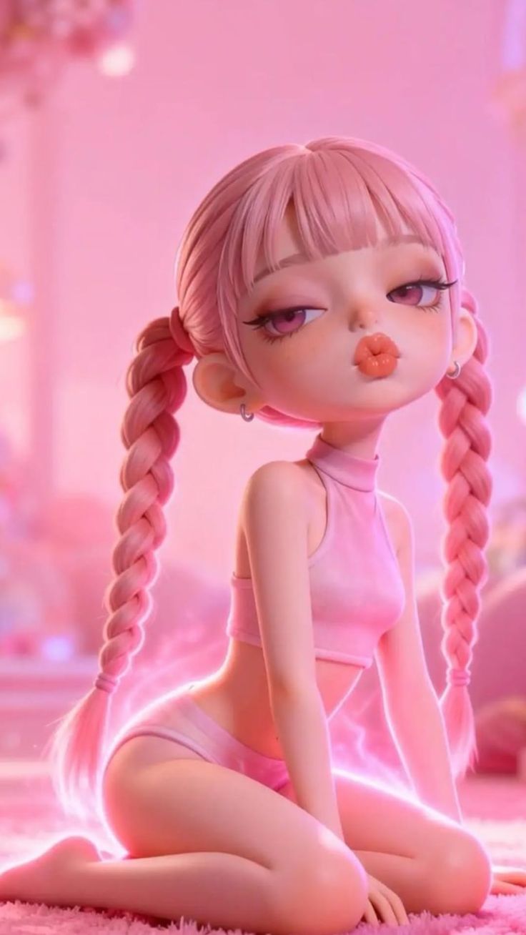 3D render of a character with pink hair in twin braids and a pink outfit