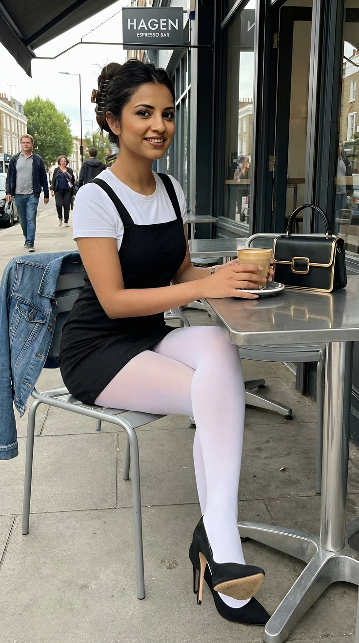 Woman in a black dress and white tights sitting at an outdoor cafe table