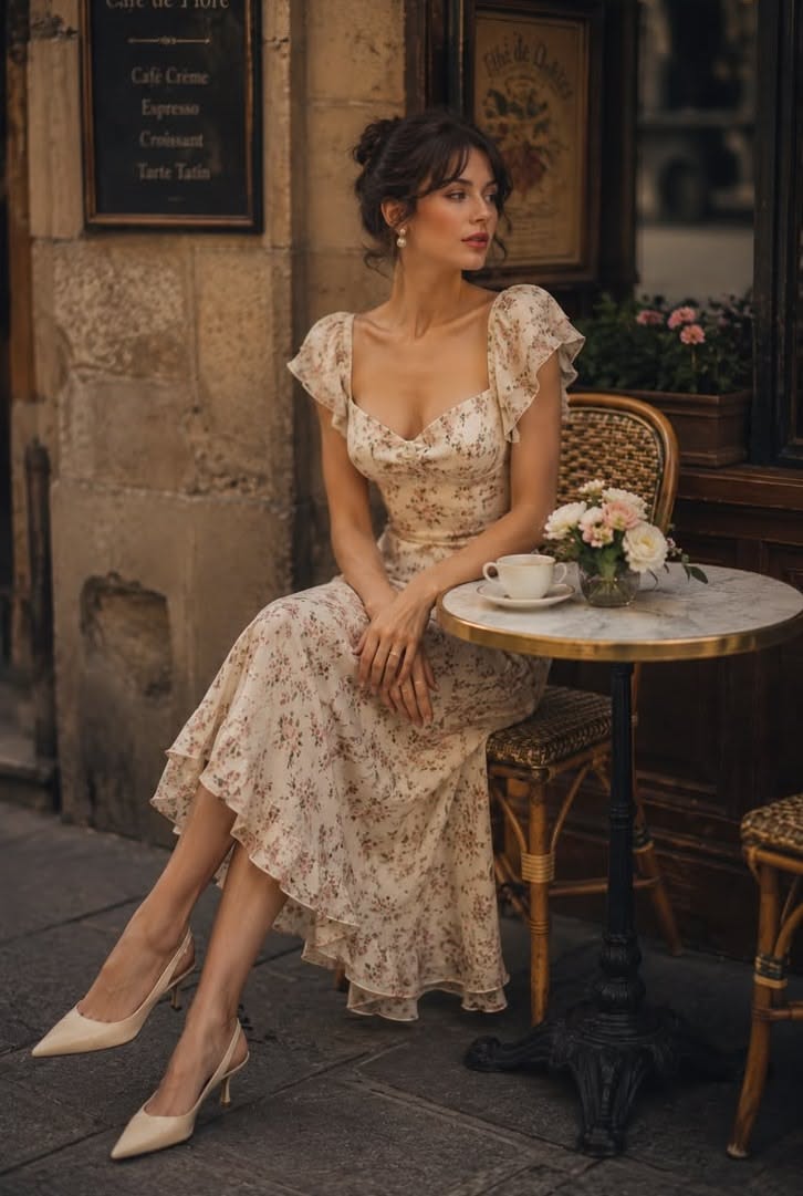 Woman in a floral dress sitting at an outdoor cafe table