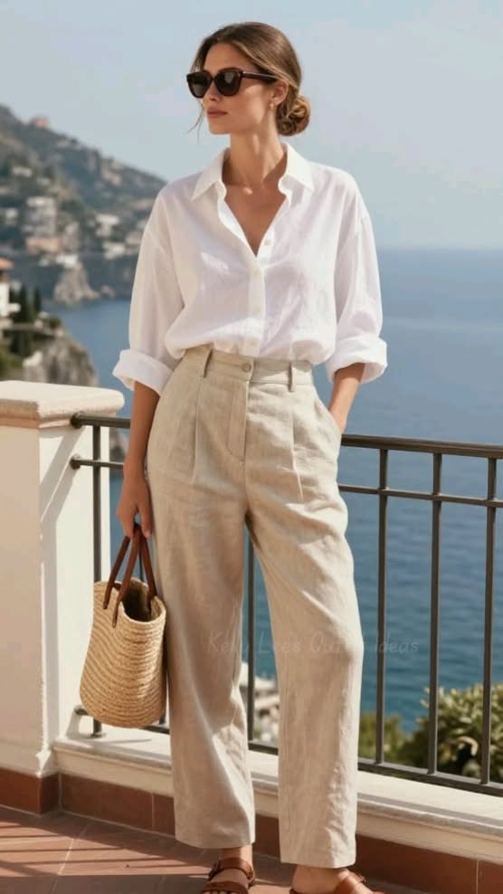 Woman in a white shirt and linen pants with a straw bag on a balcony overlooking the sea