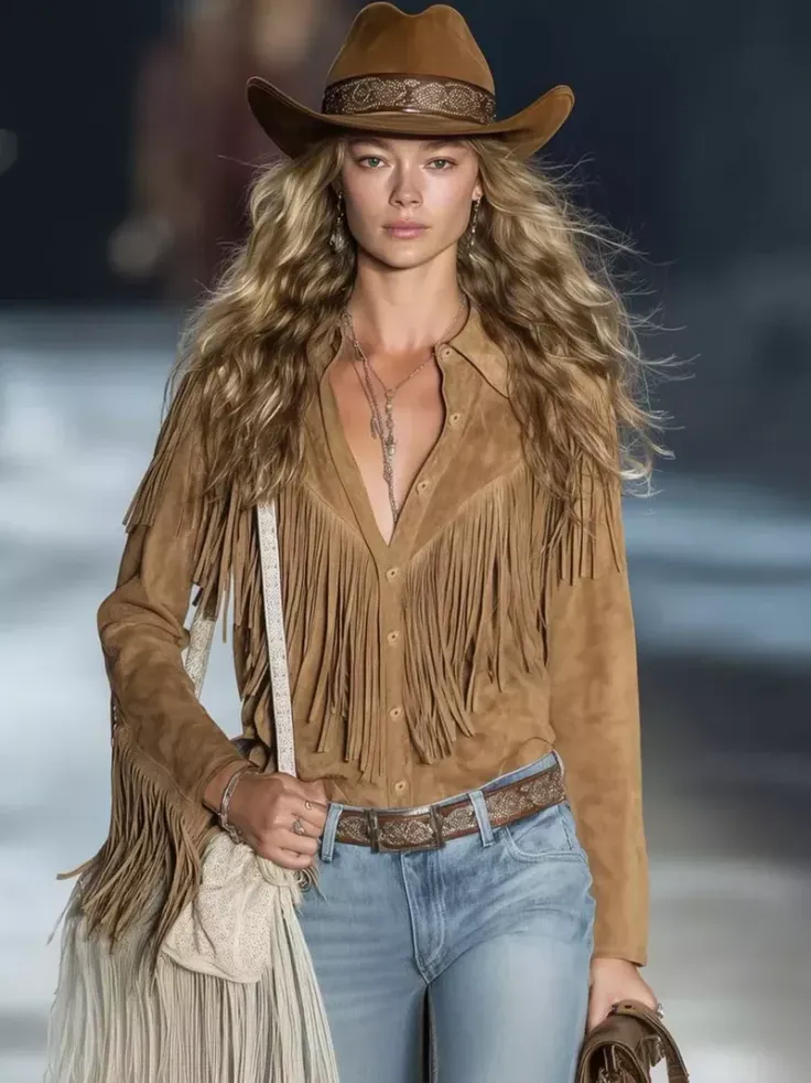 Woman in a cowboy hat and fringe jacket on a runway