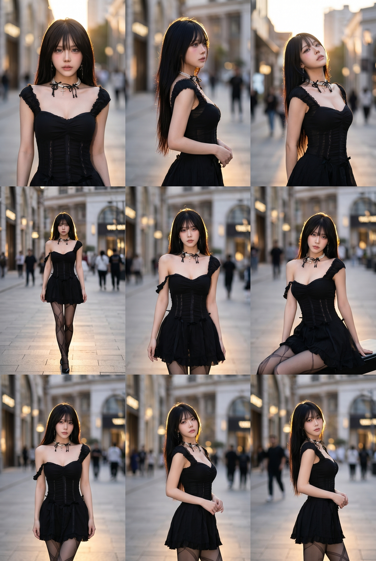 Woman in a black dress and stockings posing on a street at golden hour