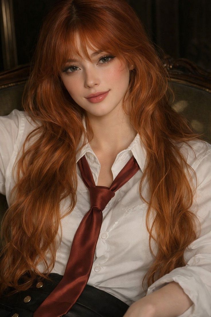 Woman with long red hair wearing a white shirt and red tie
