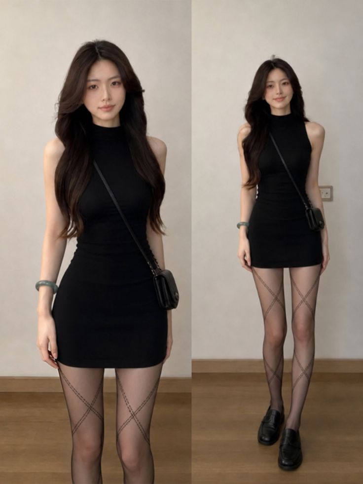 Woman in a black dress and patterned tights standing indoors