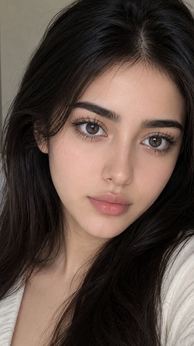 Close up portrait of a woman with long dark hair and brown eyes