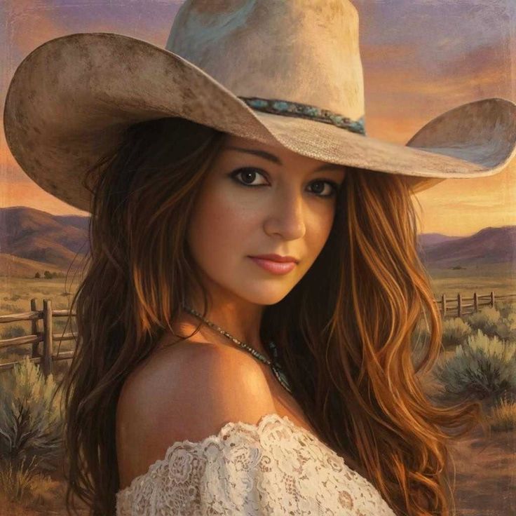Woman in a cowboy hat and lace top at sunset in a rural landscape