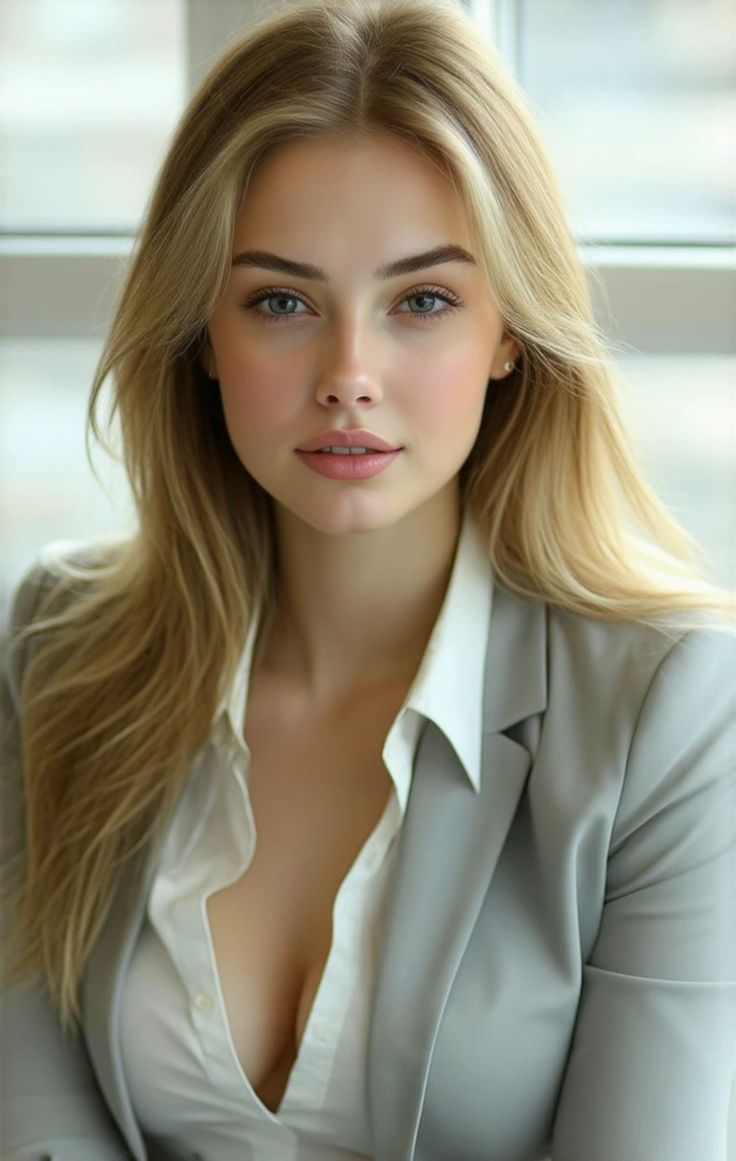 Woman with blonde hair wearing a white shirt and grey blazer with visible cleavage