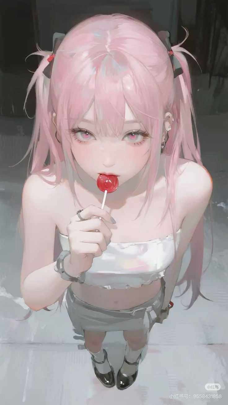 Anime girl with pink pigtails holding a lollipop, viewed from a high angle