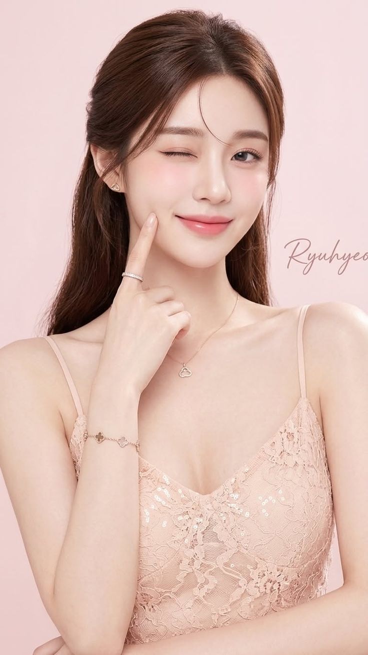 Woman with long hair winking and wearing a lace top and jewelry