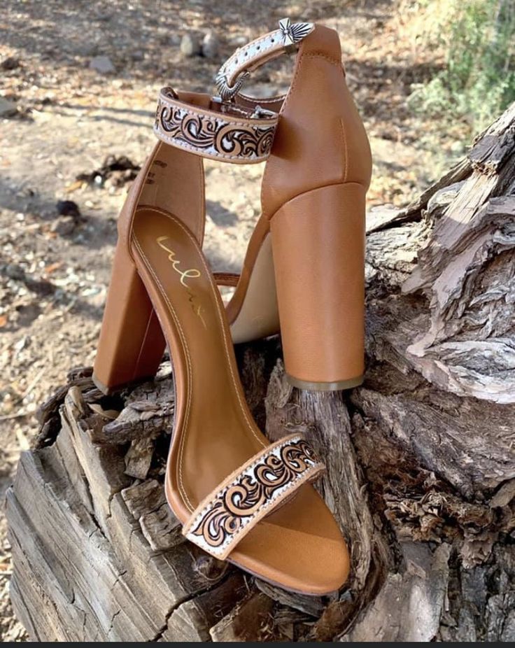Brown leather high heels with western-style ankle straps on a tree stump