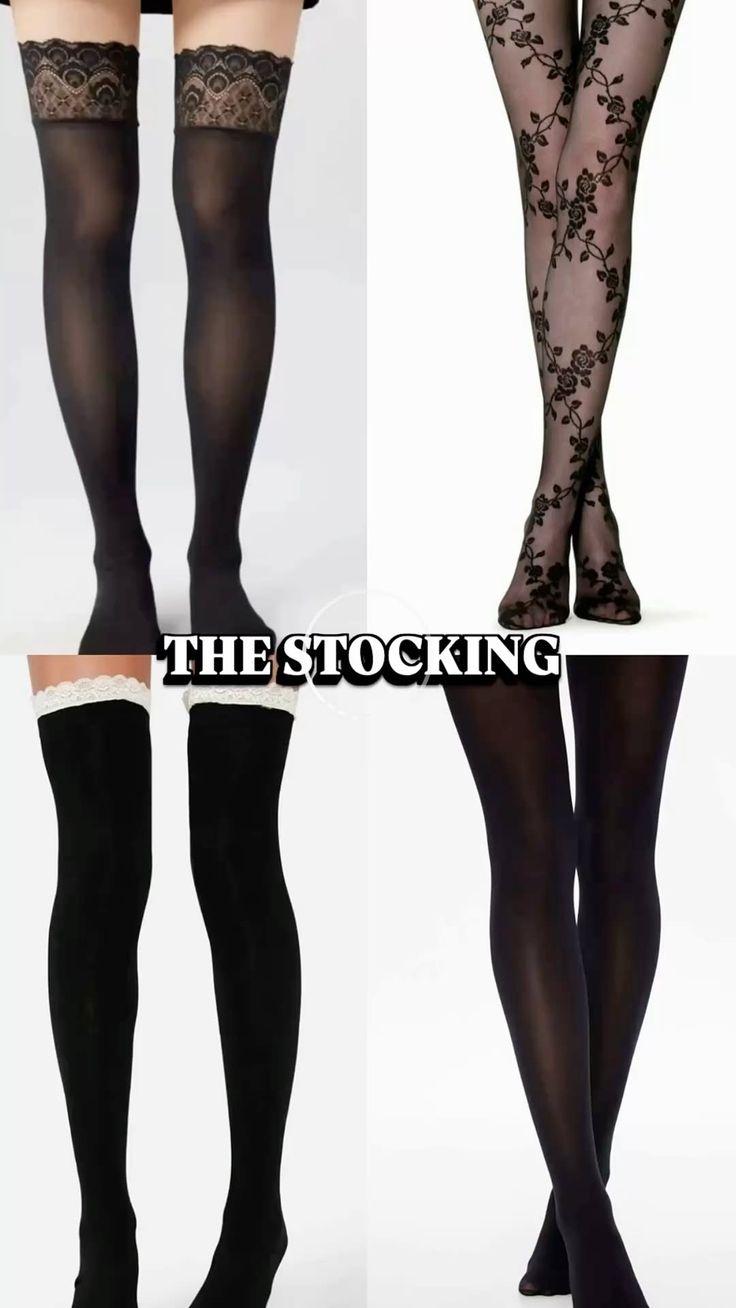 Four different styles of black stockings, including lace trim and floral patterns