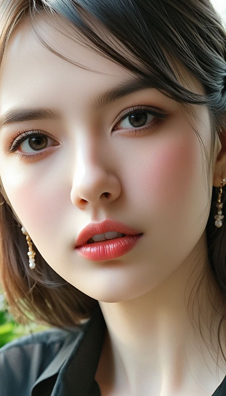 Close-up portrait of a woman with dark hair and pearl earrings