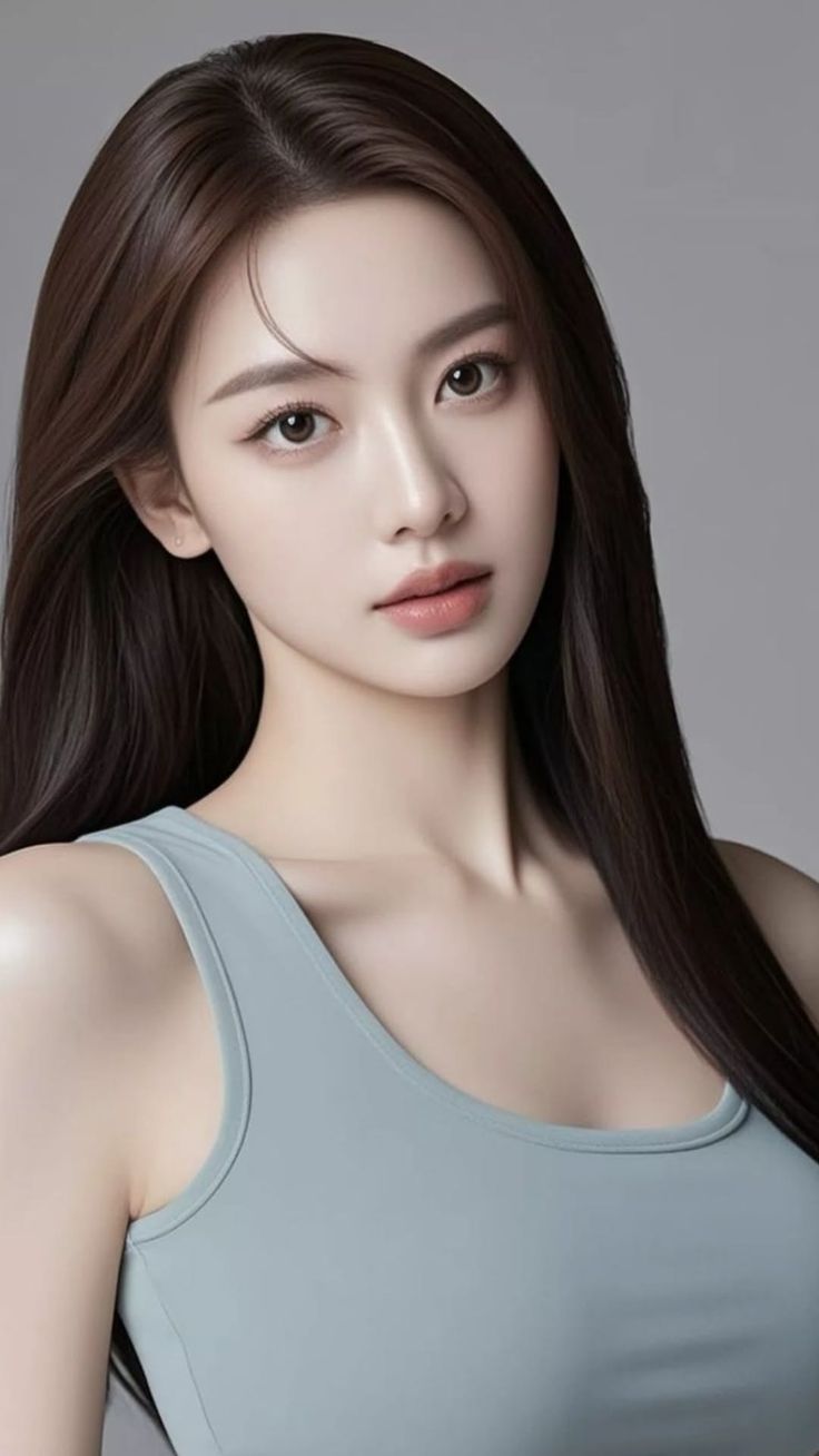 Woman with long brown hair wearing a light blue top, looking directly at the viewer