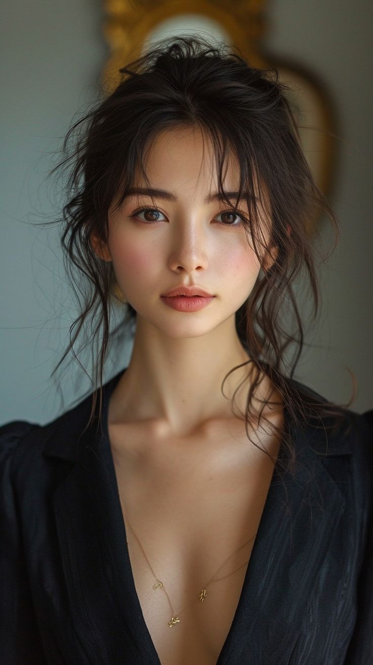 Woman with a messy bun and a black top with a deep V-neckline