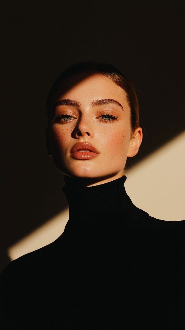 Woman in a black turtleneck with dramatic lighting on her face