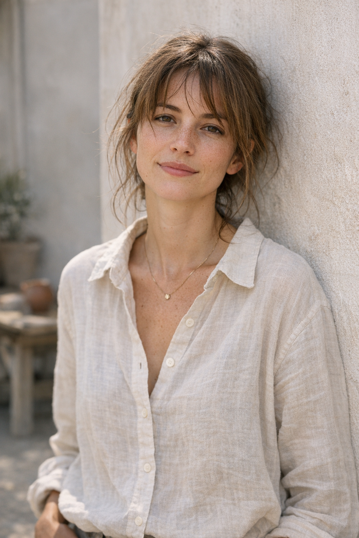 Woman with freckles and brown hair wearing a collared shirt outdoors