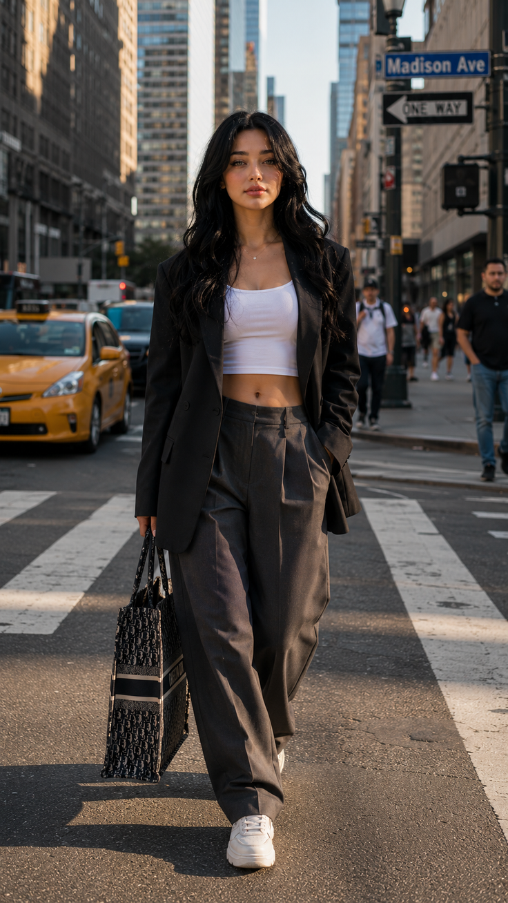 Woman in a black blazer and wide leg pants walking on a city crosswalk