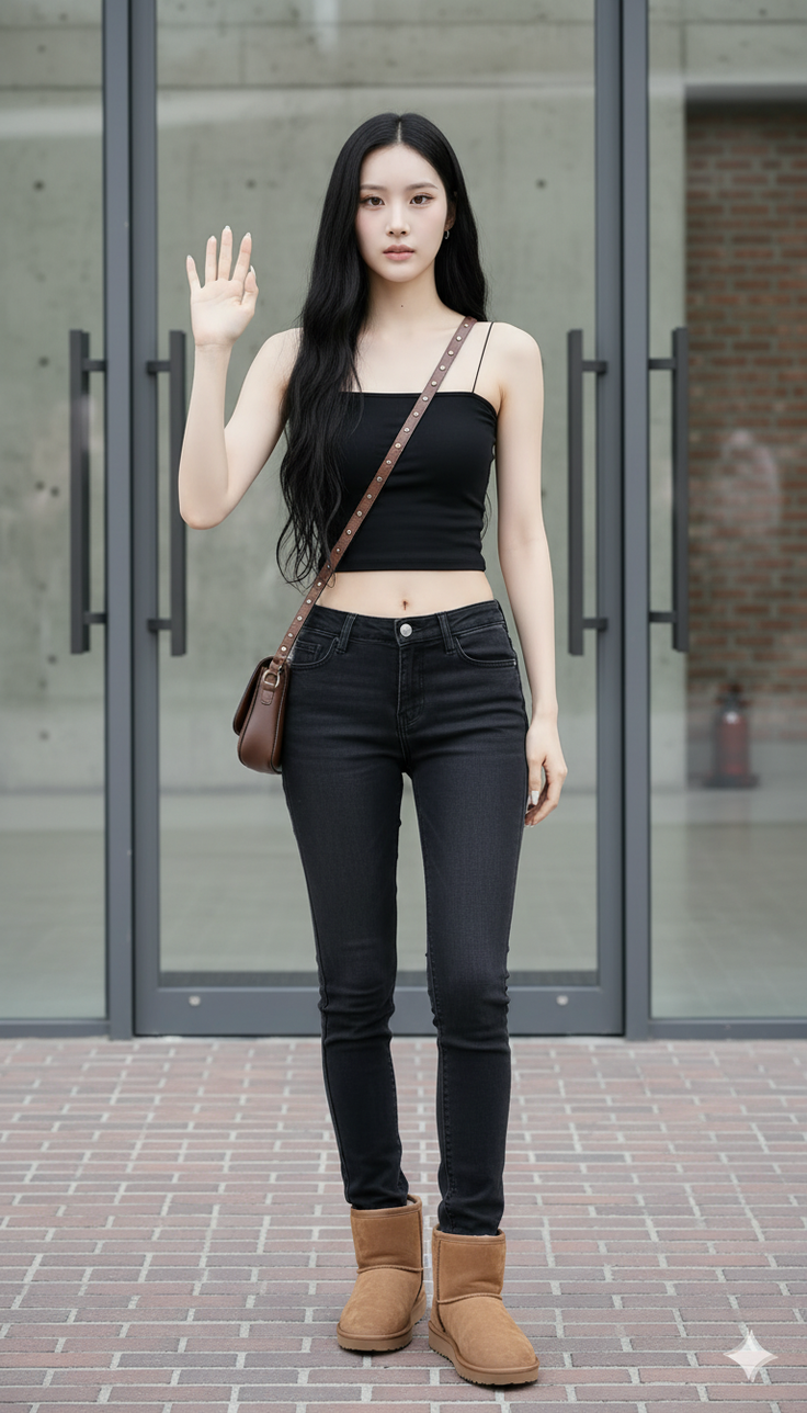 Woman with long black hair in a black crop top and jeans standing outdoors
