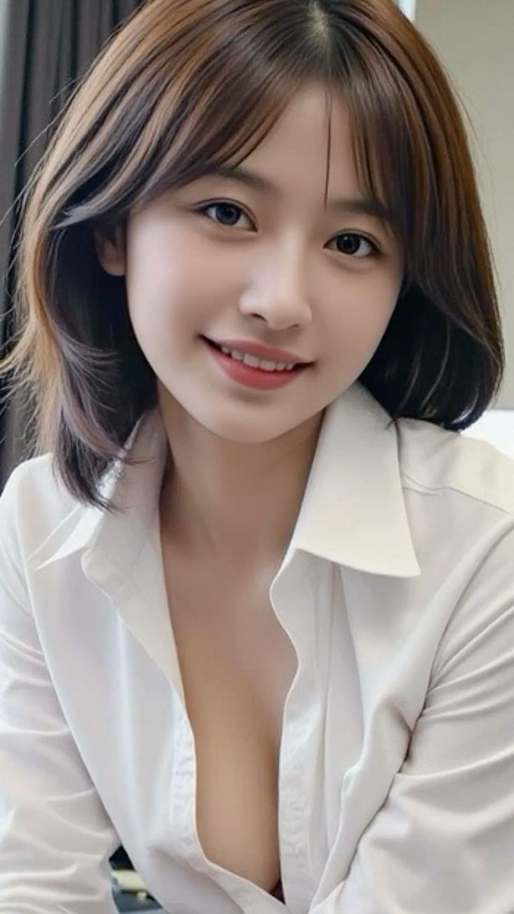 Woman with short brown hair wearing a white shirt with visible cleavage