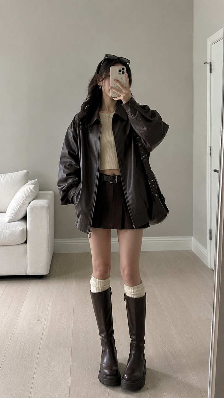 Person in a brown leather jacket and pleated skirt taking a mirror selfie
