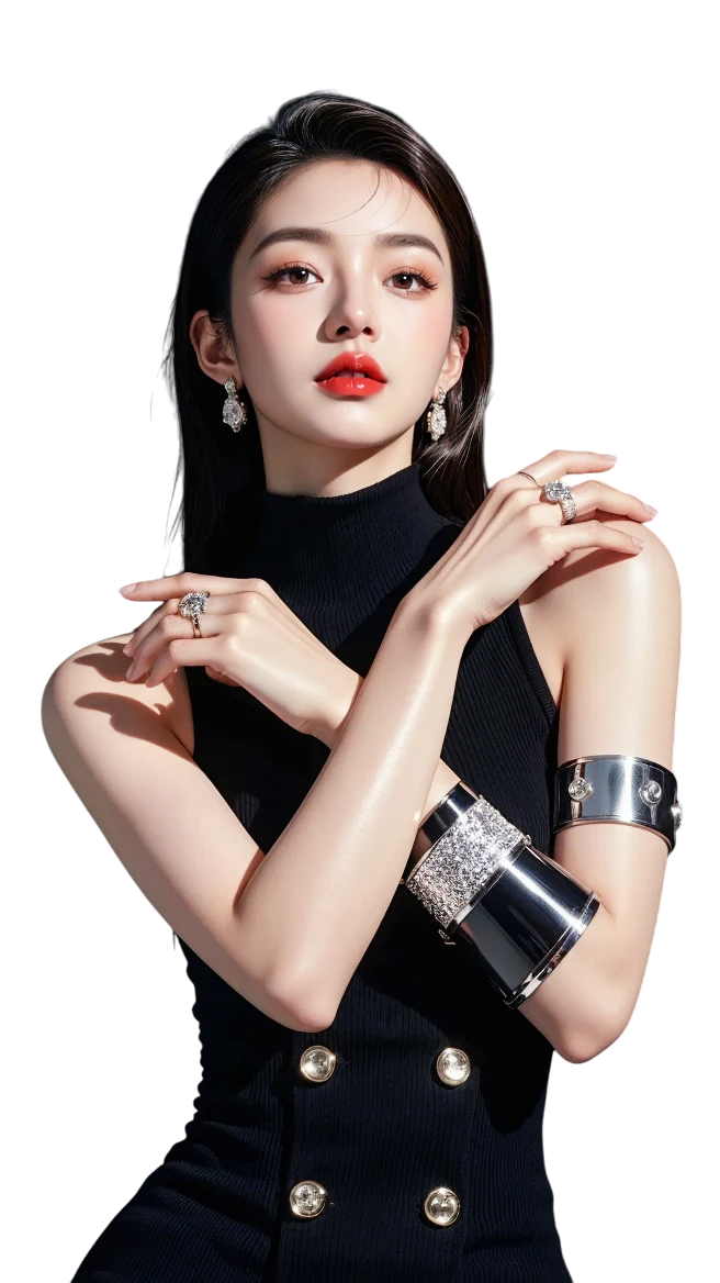 Woman in a black dress with jewelry and red lipstick