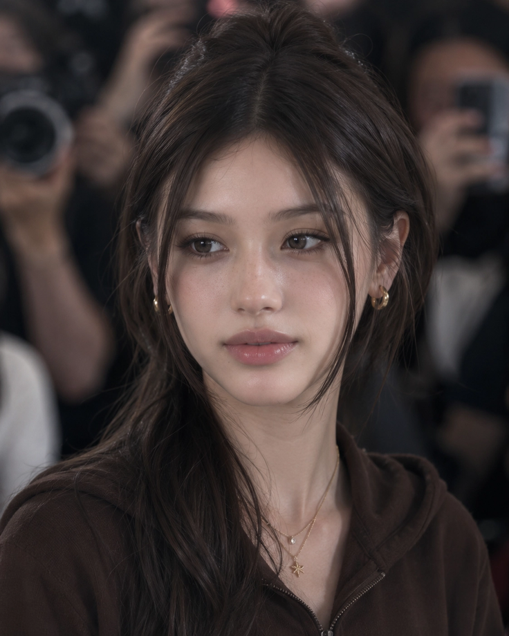 Woman with long brown hair wearing a brown hoodie and gold jewelry