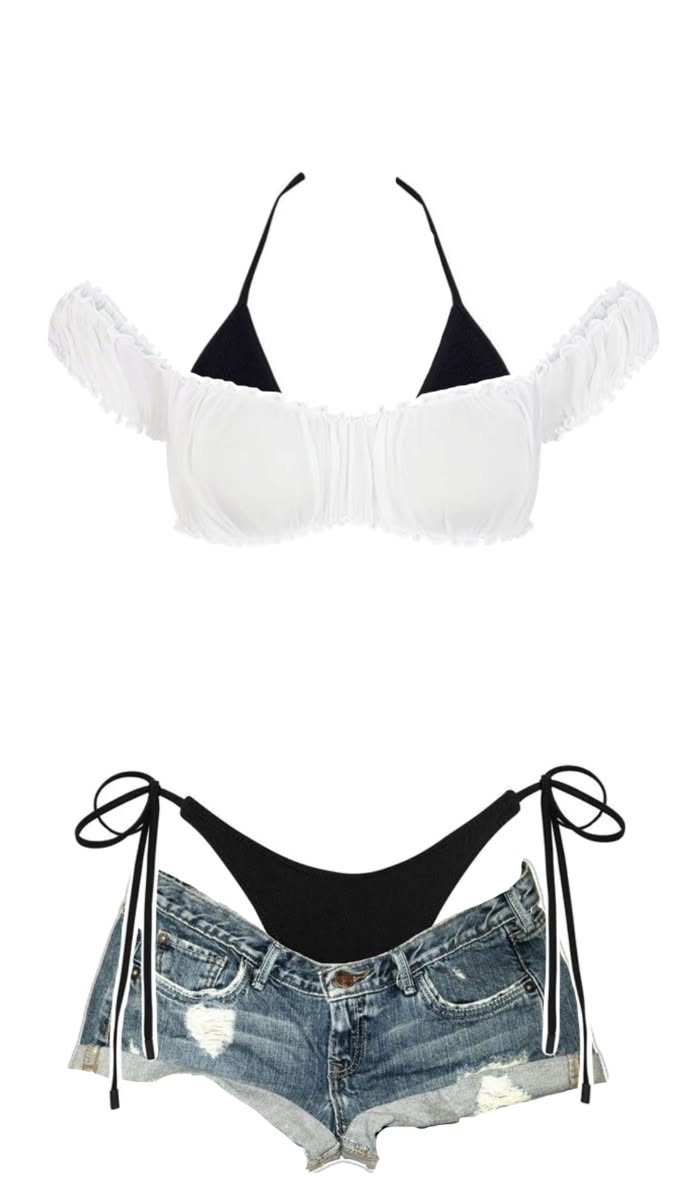 White off-shoulder bikini top with black bikini bottom and distressed denim shorts