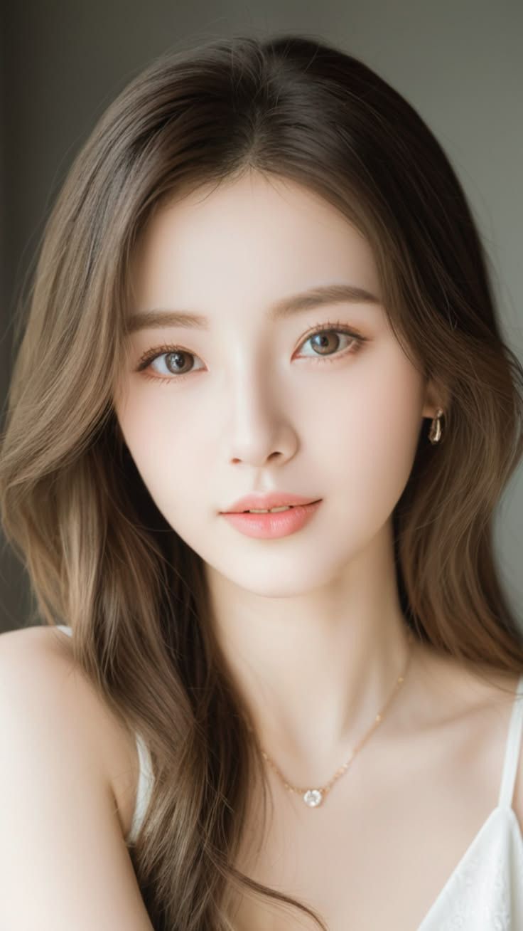 Woman with long brown hair wearing a necklace and earrings