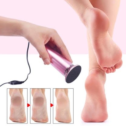Hand holding an electric callus remover near feet with before and after results