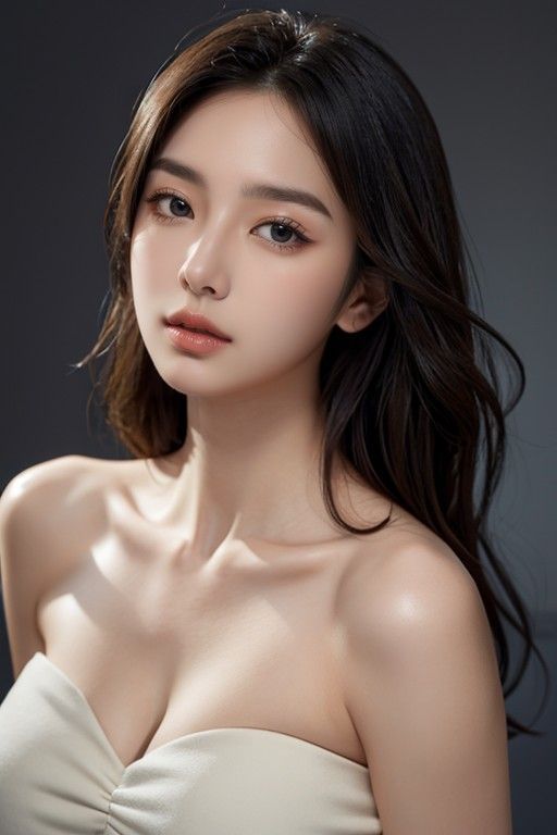 Woman with long dark hair wearing a strapless top with soft lighting