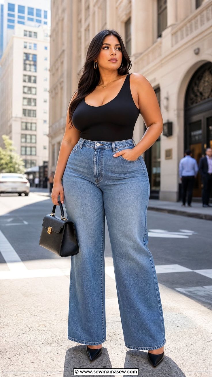 Woman with long dark hair in a black tank top and wide leg jeans on a city street