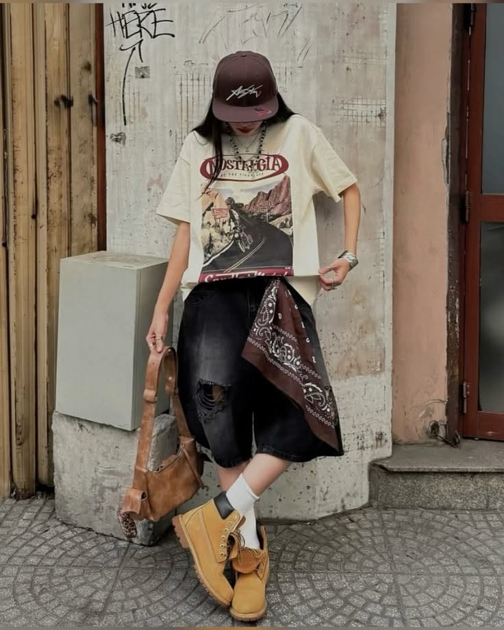 Person in a baseball cap, graphic t-shirt, distressed shorts, and combat boots outdoors