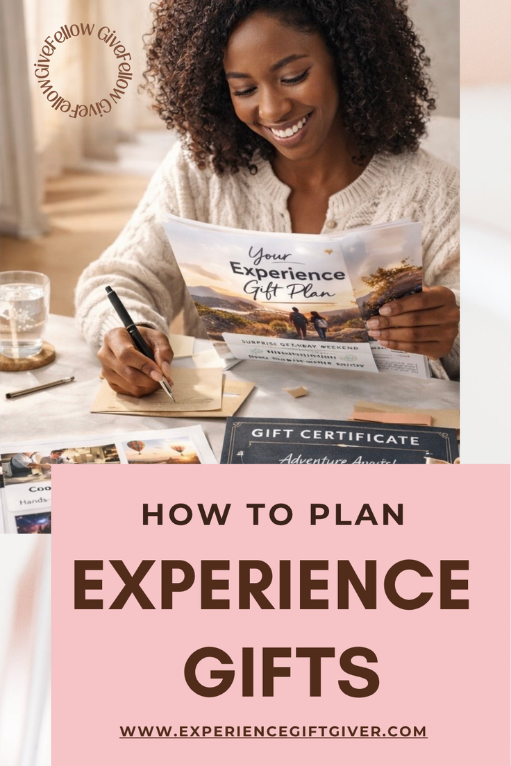 Smiling woman with curly hair writing while holding a gift plan brochure