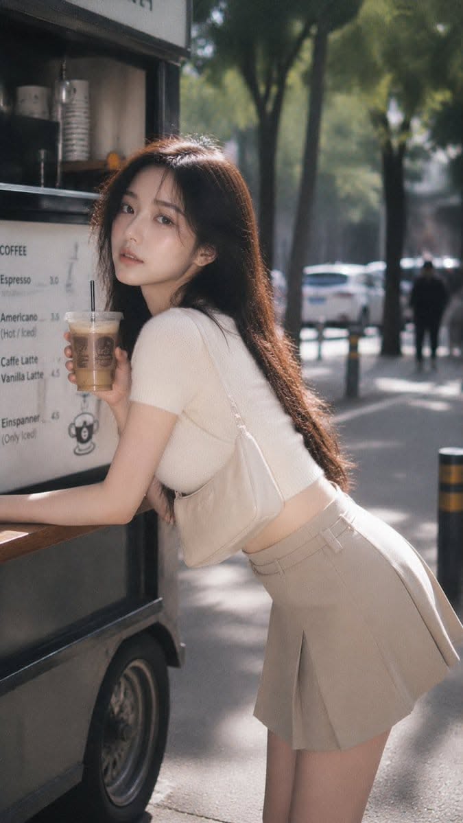 Woman with long dark hair holding a coffee cup at a street stand