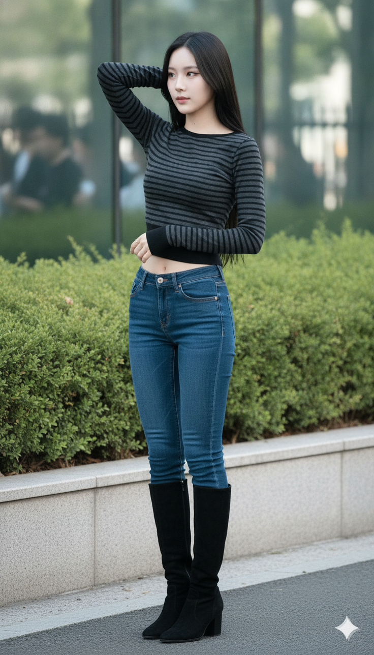 Woman with long black hair in a striped top and jeans outdoors