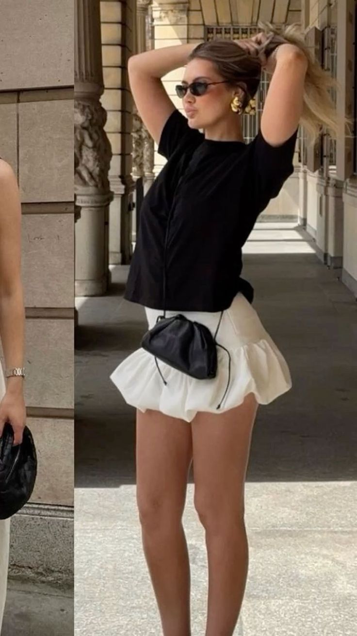 Woman in a white skirt and black top posing outdoors