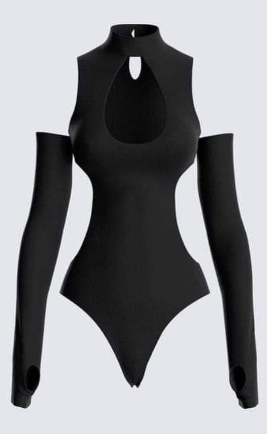 Black bodysuit with a mock neck and cut-out details