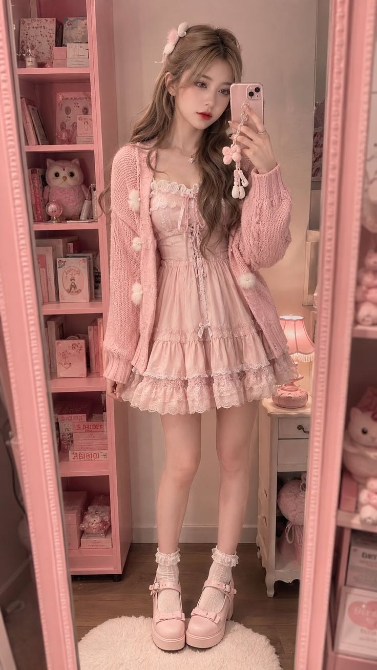 Woman in a pink dress and cardigan taking a mirror selfie in a pink room